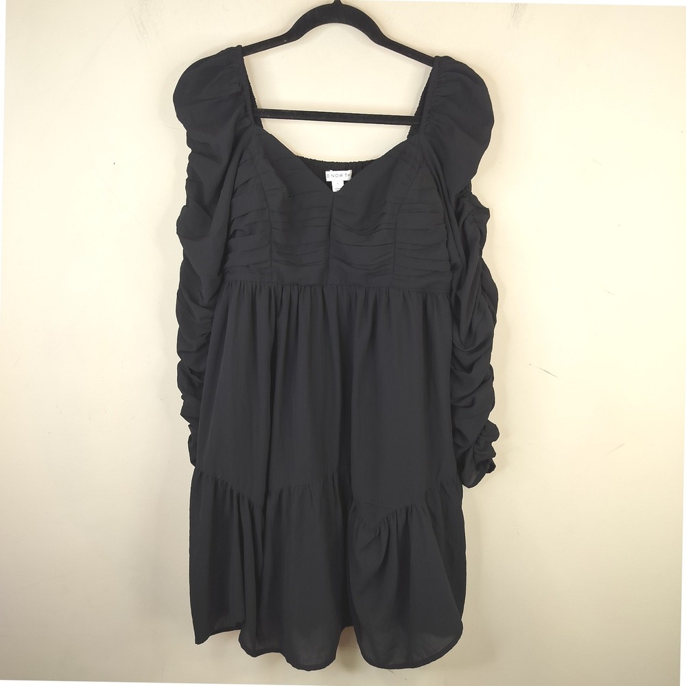 And Now This Ruched Sleeve Dress Womens Large Smocked Tiered Romantic Goth Black